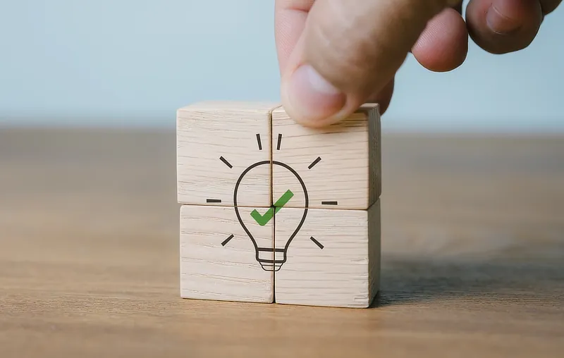 Light bulb with green tick in centre of stacked wooden blocks with fingers placing the final block