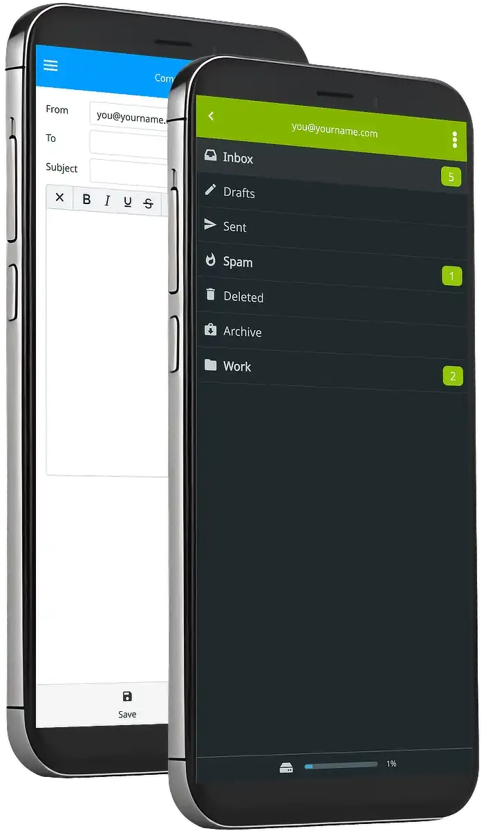 Two mobile phones showing Absolute-Email webmail